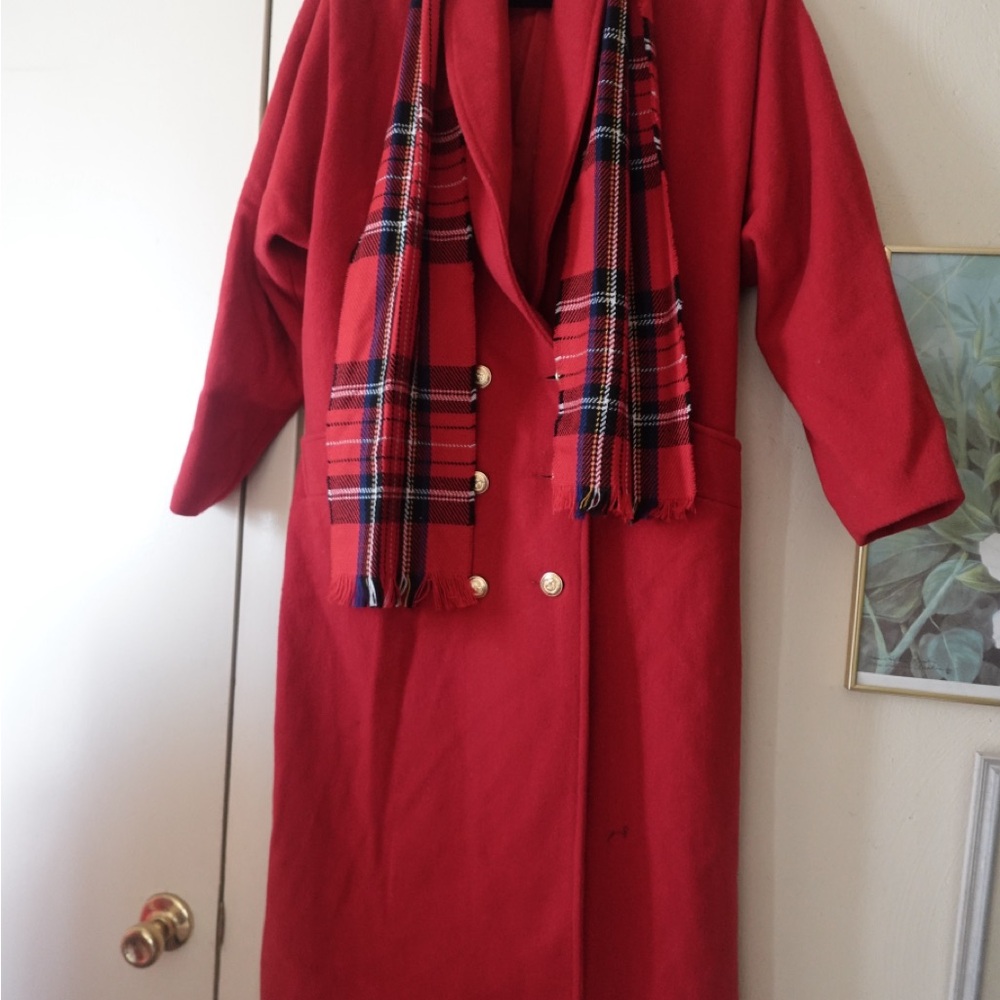 Red Double-Breasted Coat with Scarf